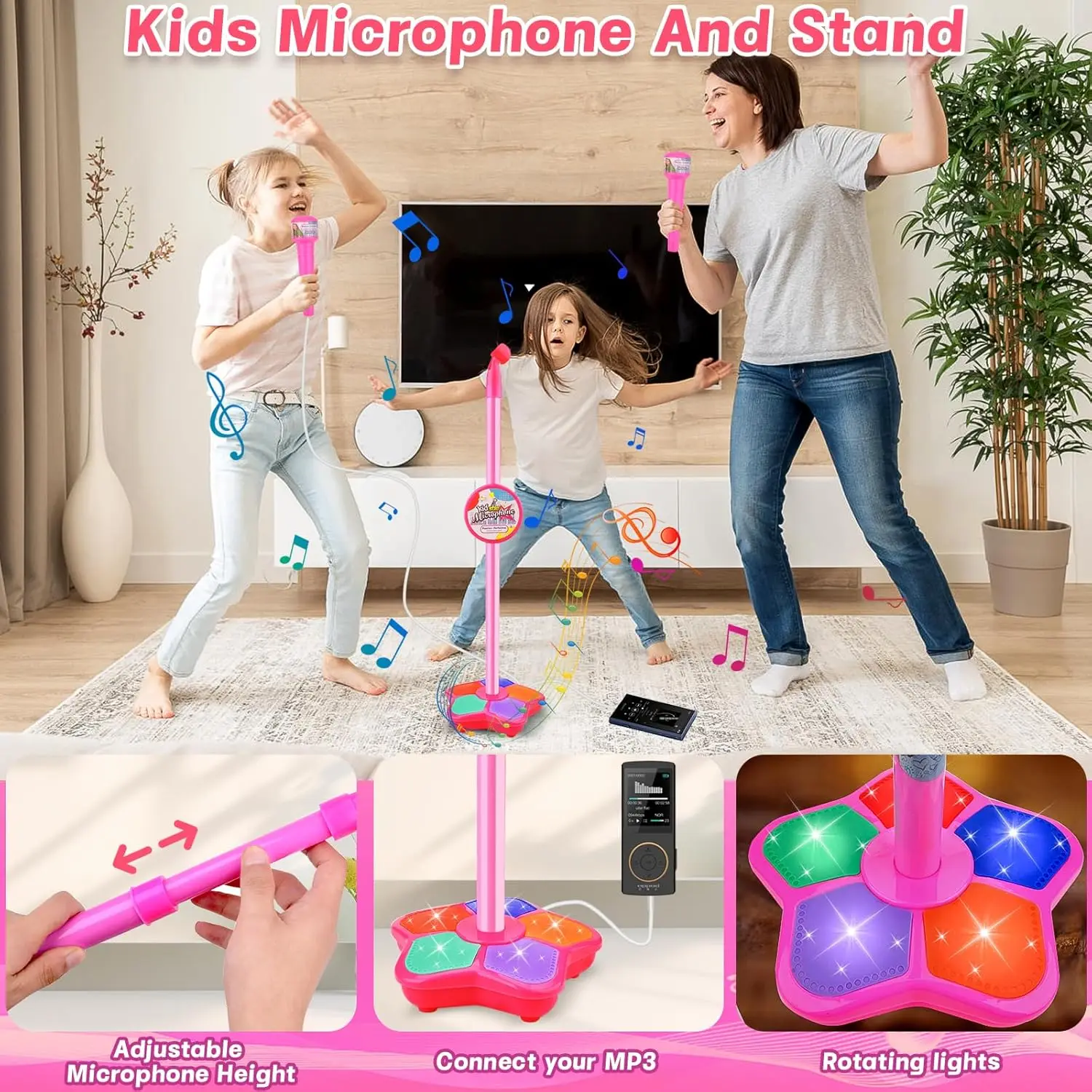 Micrófono para Niños con Soporte Ajustable, Juguete Musical de Karaoke, Máquina de Karaoke con Luces para Fiestas de Niños y Niñas, Regalo