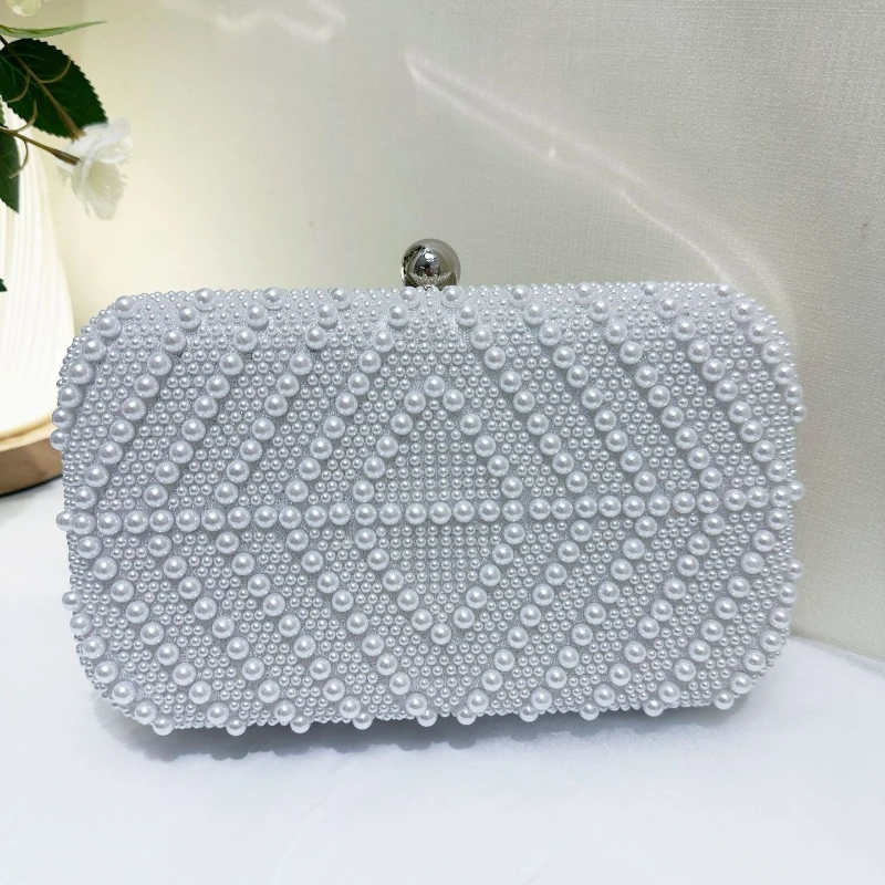 

White Pearl Bags for Woman Luxury Wedding Banquet Party Socialite Dress Clutch Bag Pure Color Beading Plaid Handbag Bolsa Mujer