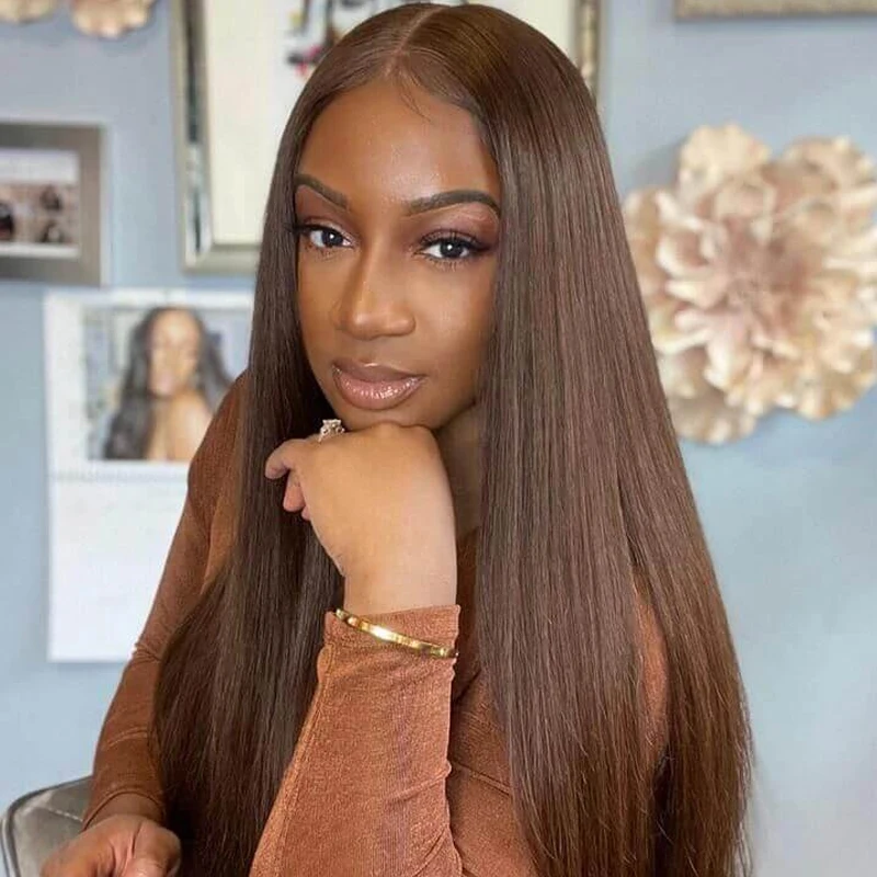 32 34 inch #4 Chocolate Brown 13x4 HD Lace Front Human Hair Wigs Women Peruvian Straight Glueless Lace Frontal Wigs Closure Wig