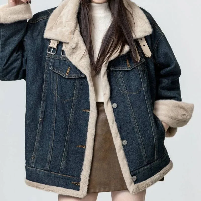 Giacca di jeans da donna con spessore in pile aggiunto, nuova giacca invernale in cotone stile moto 2025, top caldo e soffice