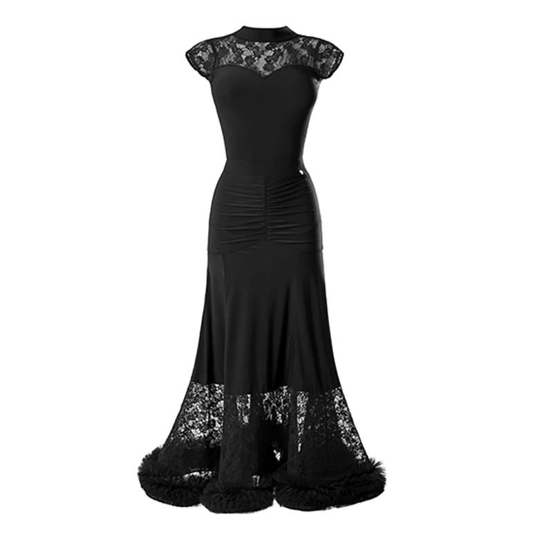 Fashion Adults Modern Dancing Dresses Women\'S Latin Dance Competition Costume Black Lace Sleeves Latin Top Long Skirts SL13803