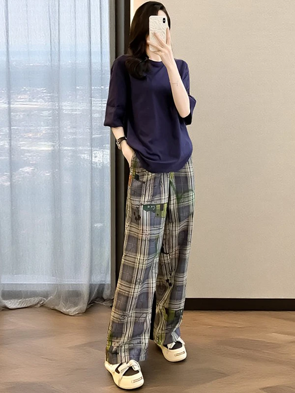 

Korean Lazy Chic Women's Summer Sportswear Set Loose Wide Leg Pants Short Sleeve T-Shirt Plaid Two Piece Casual Outfit