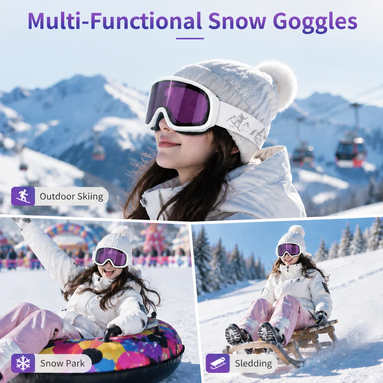 Unisex Ski Goggles with Double-Layer Lenses, Anti-Fog & Windproof, Outdoor Sports Protective Eyewear for Skiing