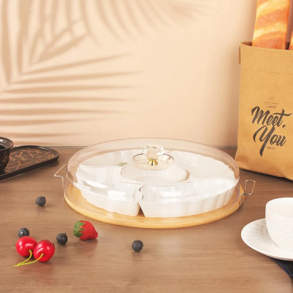 Divided Snack Tray with Lid, 5 Removable Snack Deli Containers with 4 Forks for Party Serving Plate, Fruit Tray with Dips, Snack