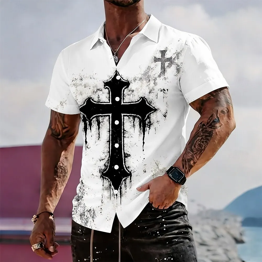 Men's Casual Button Up Cross Religion Shirt, 3D Print Short Sleeve Collared Top, Spring & Summer Vacation & Street Style
