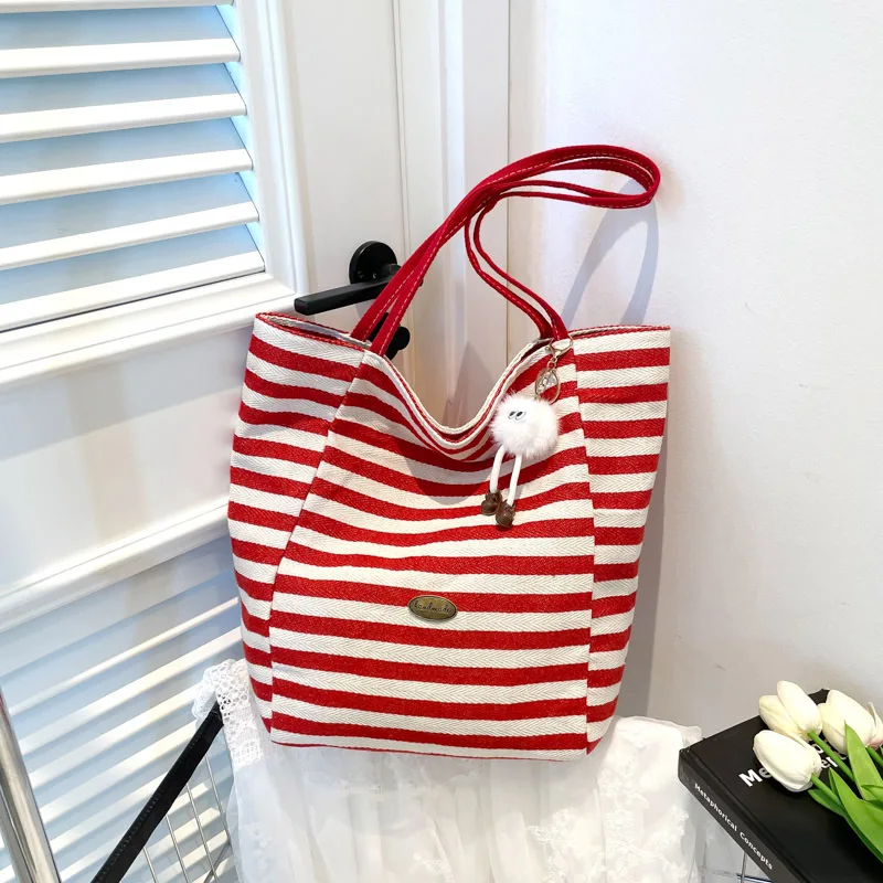 

Casual Striped Design Women Shoulder Bags Large Capacity Ladies Commuter Tote Handbags Simple Female Bucket Shopping Bag