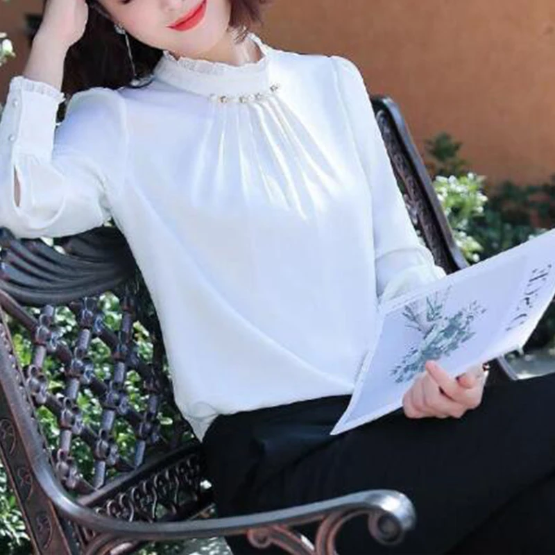 Spring Autumn Ruffles Stand Collar Satin Blouse Top Women Office Lady Elegant Beading Blusa Oversized Shirt All-match Pullovers