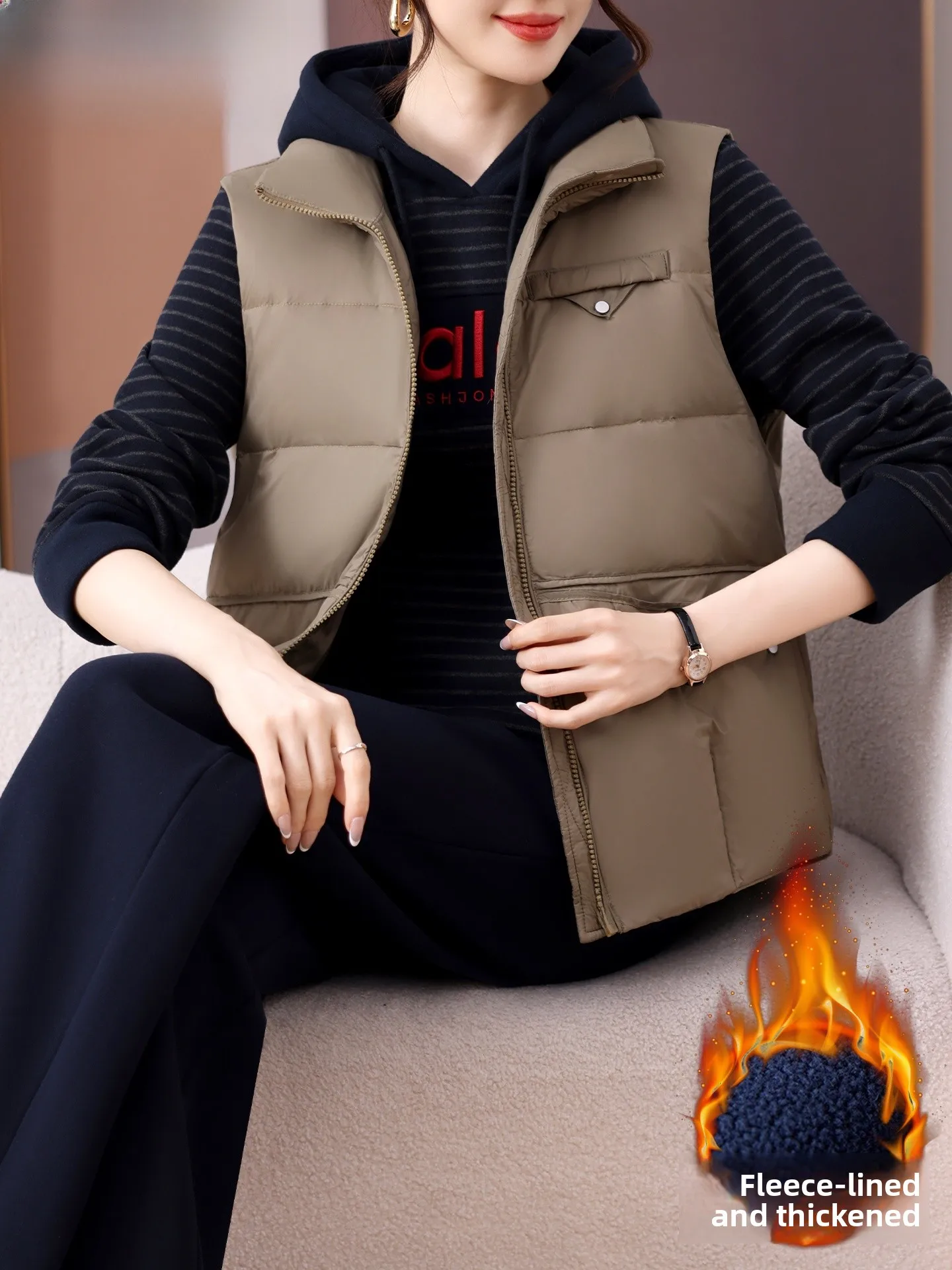 

Зимняя спортивная одежда для молодых мам: утепленный комплект из двух предметов с флисовой подкладкой для женщин среднего и старшего возраста, повседневные свободные длинные брюки