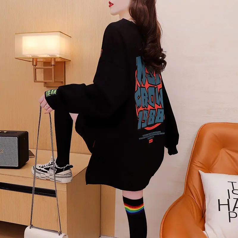 Fashion Printed Letter Slit All-match Sweatshirts Female Clothing 2024 Autumn Winter Loose Casual Warm Tops Korean Sweatshirts