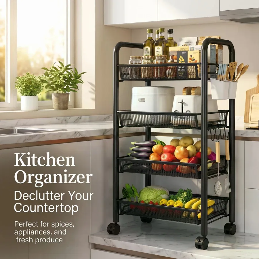 Rolling Utility Cart Organizer, Stable And Sturdy Black Rolling Storage Carts With Wheels, Storage Cart For Bathroom, Kitchen, Snack, Craft, Makeup, Kitchen Storage And Organization, Daily Essentials, Shelf Rack Dish Drying Rack Utensil, 3/4/5 Tier