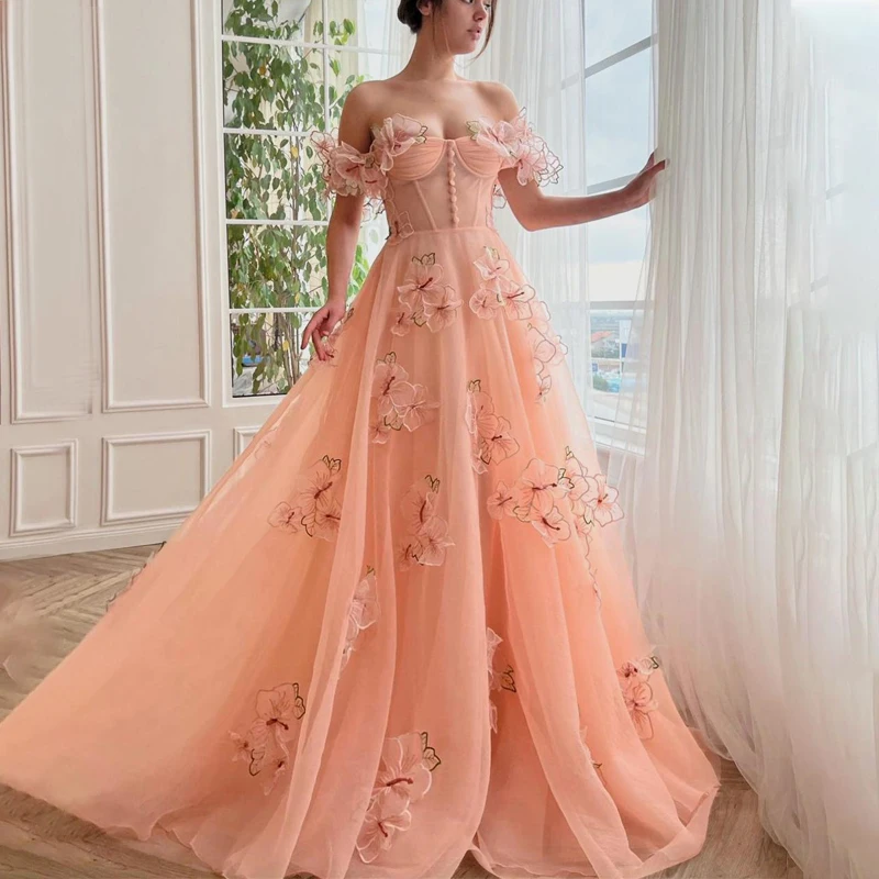 

Customized Sweetheart Spaghetti Straps Floral 3D Flowers Prom Gowns Pocket Pleats Tulle Zipper Prom Dress