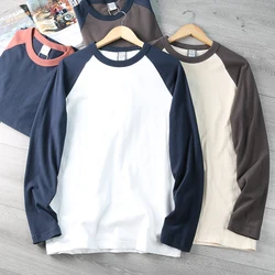 Autumn New American Retro Long Sleeve O-neck Contrast Splicing T-shirt Men's Fashion 100% Cotton Washed Old Casual Sport Tops