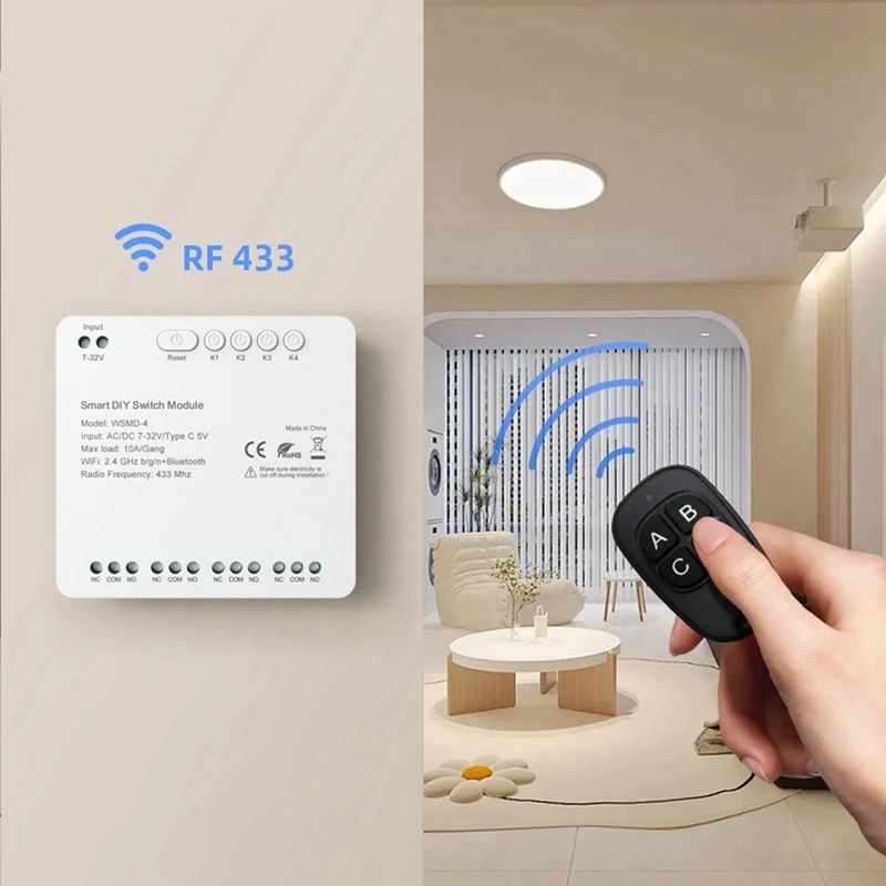 Tuya Wifi 4 Channels Switch Module,85-250V RF 433 Remote Control Relay DIY Module,With Alexa,Google Home,Alice Easy To Use