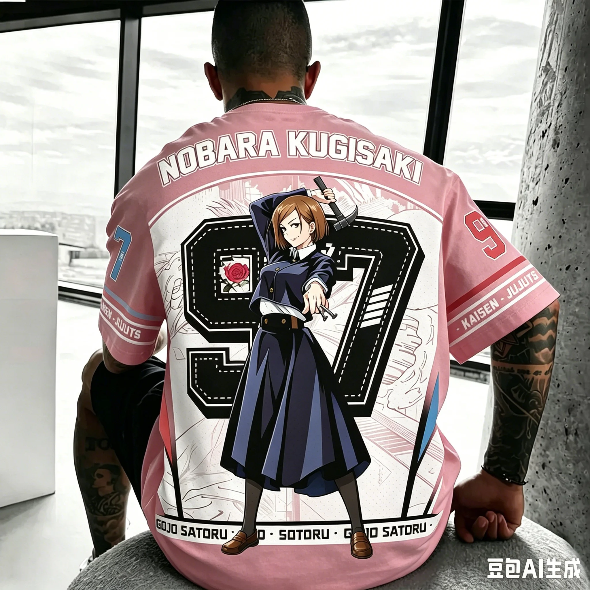 Men Jujutsu Kaisen Nobara Kugisaki 97 Number Graphic T-Shirt Full Back Print Oversized Mesh Y2K Street Anime Fan Daily Outfit view 4