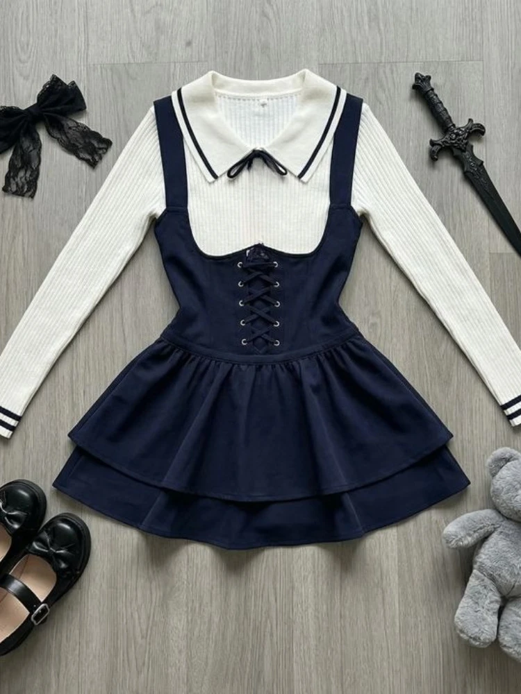 

Весенний комплект в стиле преппи: элегантный вязаный костюм из двух предметов для женщин, дизайн Y2K, свитер + повседневная юбка, женственный шик, популярный в Корее ​ Одежда