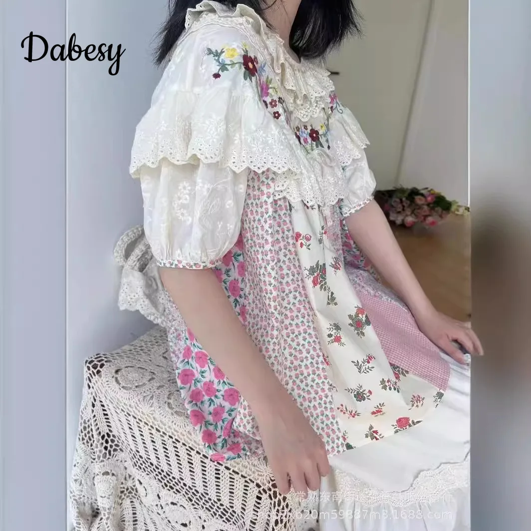 Vintage Embroidery Lace Ruffled lolita clothing Women Mori Girl Patchwork Flower Shirt Sweet Puff Sleeve Kawaii Cotton Linen Top