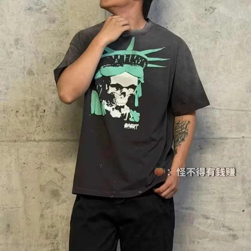 Authentic SAINT Skeleton Statue of Liberty 666 Tee Black Distressed Round Neck Cotton Premium