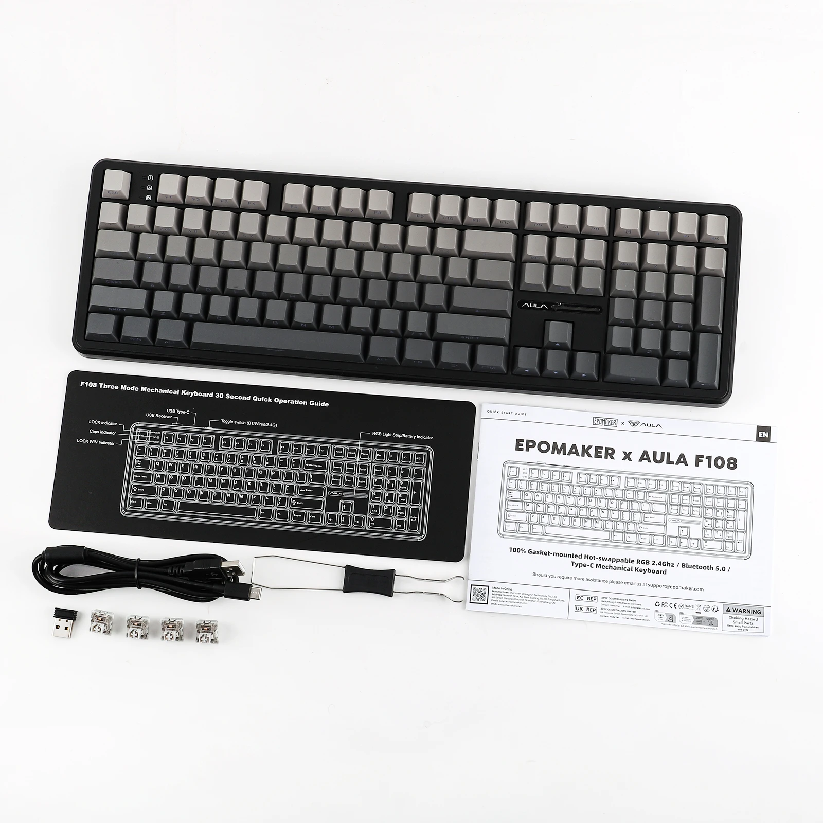 EPOMAKER x AULA F108 Full Size 100% ANSI Layout Hot-Swap Wired/2.4GHz/Bluetooth 5.0 Wireless Mechanical Keyboard RGB Backlight