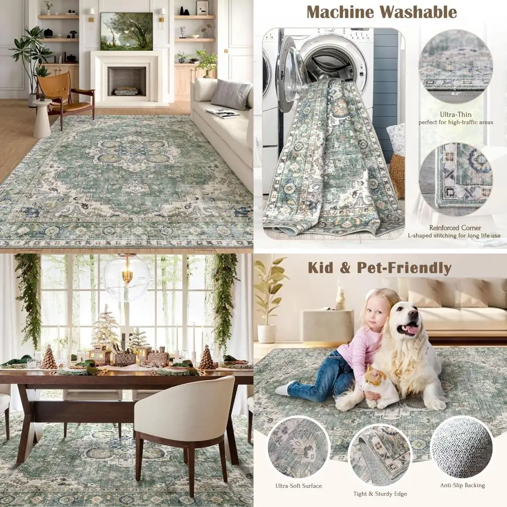

Large 8x10 Sage Green Bohemian Living Room Rug - Soft Vintage Bedroom Carpet, Ultra-Thin Distressed Oriental Style
