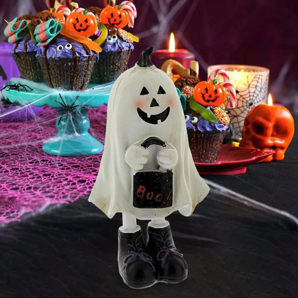 Resin Ghost Sculpture Spooky Halloween Ghost Figurine Set with Trick or Treaters Candy Bags Resin Little Ghost for Holiday