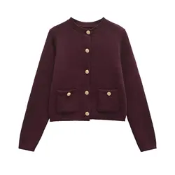 Women Knit Cardigan with Buttons for Women Coat Harajuku Vintage O-neck Cardigan Women's Sweater Burgundy Sweater 6427144