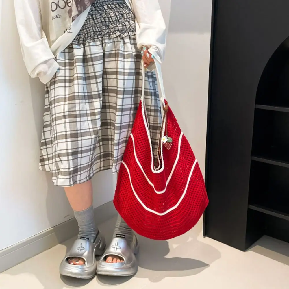 กระเป๋าถือถักไหมพรมสีพื้นสไตล์เกาหลี ความจุเยอะ กระเป๋าโท้ทโครเชต์สีตัดกัน กระเป๋าถือสานลำลองแบบโปร่ง