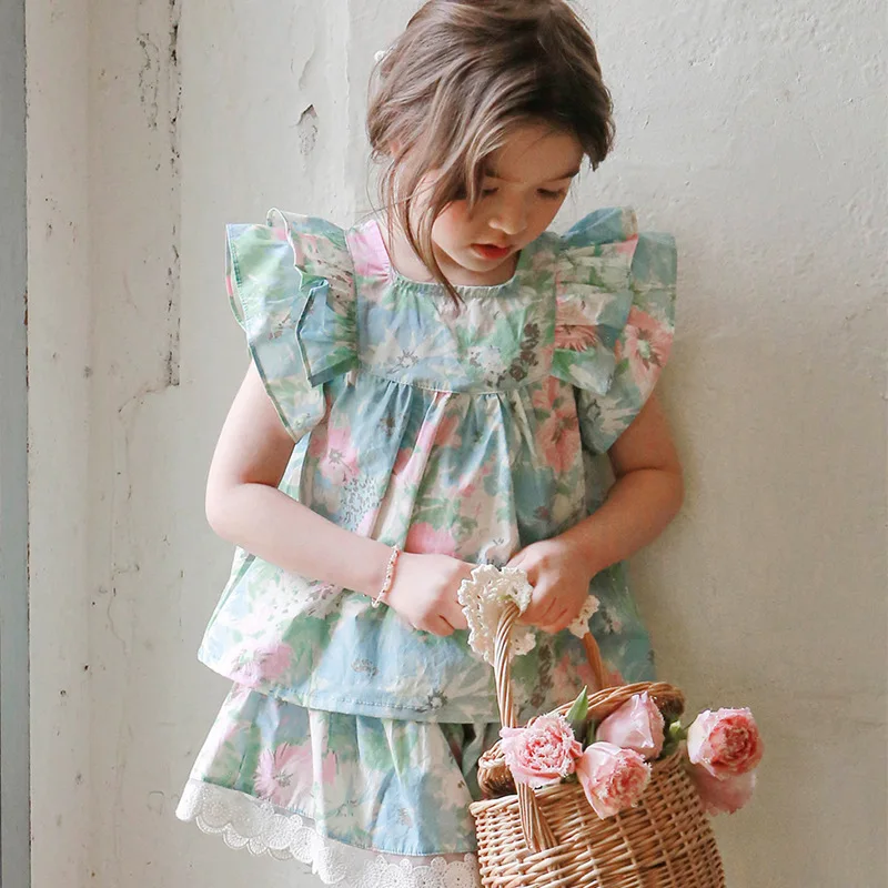 

2025 Summer Korean Children's Clothing Baby Girls Retro Blouse Tops Flower Short Sleeve Shirt Spot