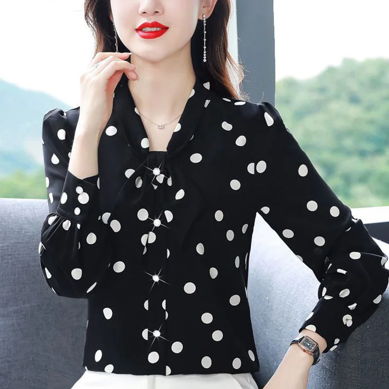 Summer Fashion Polka Dot Long Sleeve V-neck Chiffon Blouse Ladies 2024 New Spring Printing Office Lady Bow Buttons Women Shirts