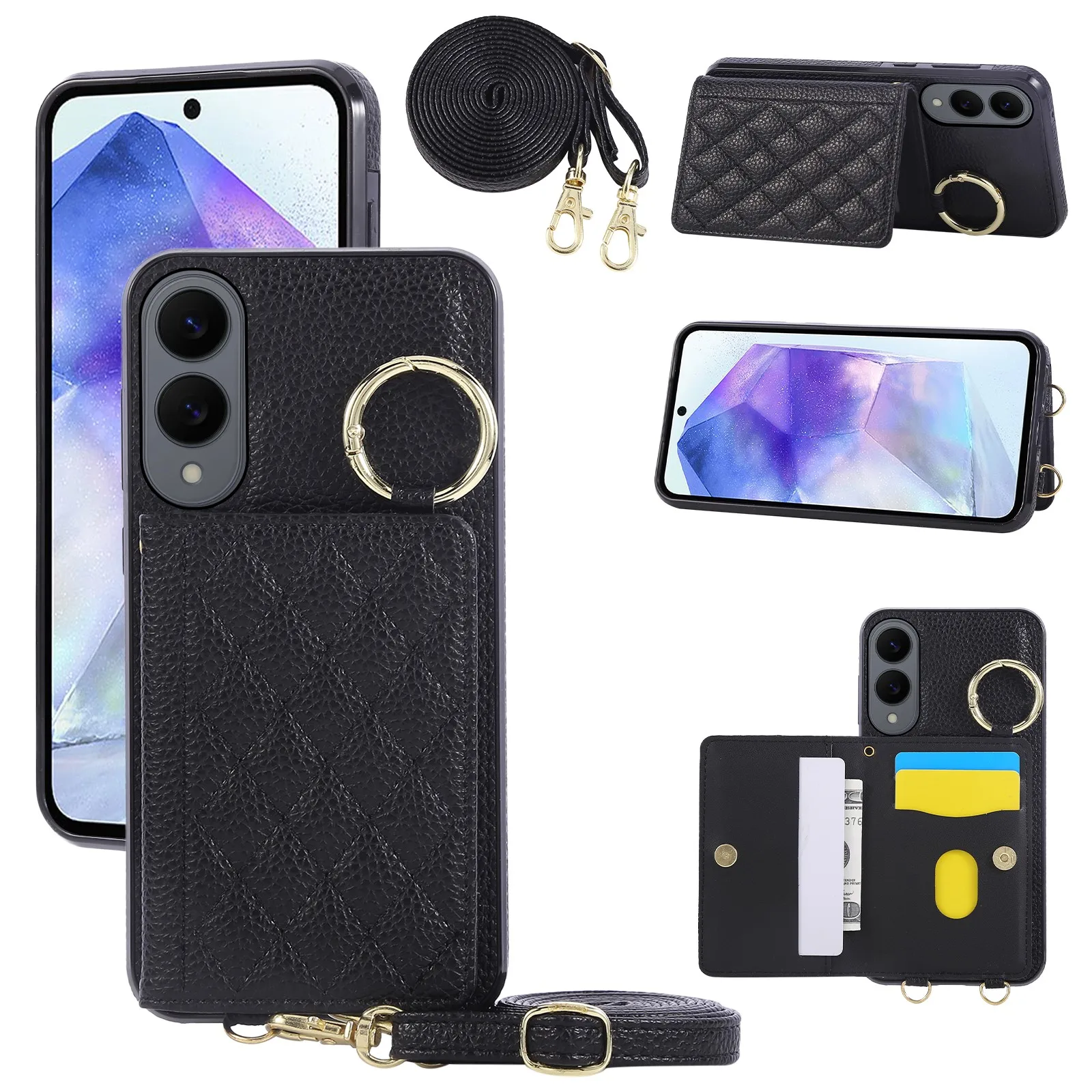 Quilted Leather Phone Case With Finger Ring Lanyard For Women For Samsung Galaxy S26 S25 S24 S23 S22 S21 S20 S10 FE Plus Ultra