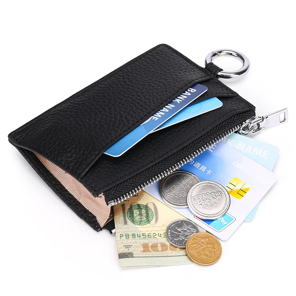 Leather Ultra-thin Card Holder with Anti-lost Ring Multifunctional Compact Coin Purse Unisex Simple ID Card Bag Money Clip