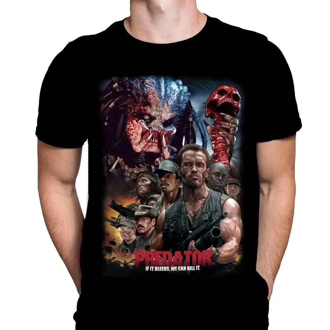 Movie Art Predator If It Bleeds by Peter Panyis Black Cotton Mens T Shirt with Oversized Horror Image Alien Blood Scary