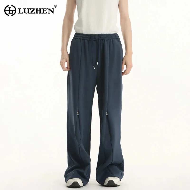 

LUZHEN Straight 2025 New Original Zipper Splicing Sweatpants Design Men's Stylish Solid Color Casual Wide Leg Pants Male JY2593