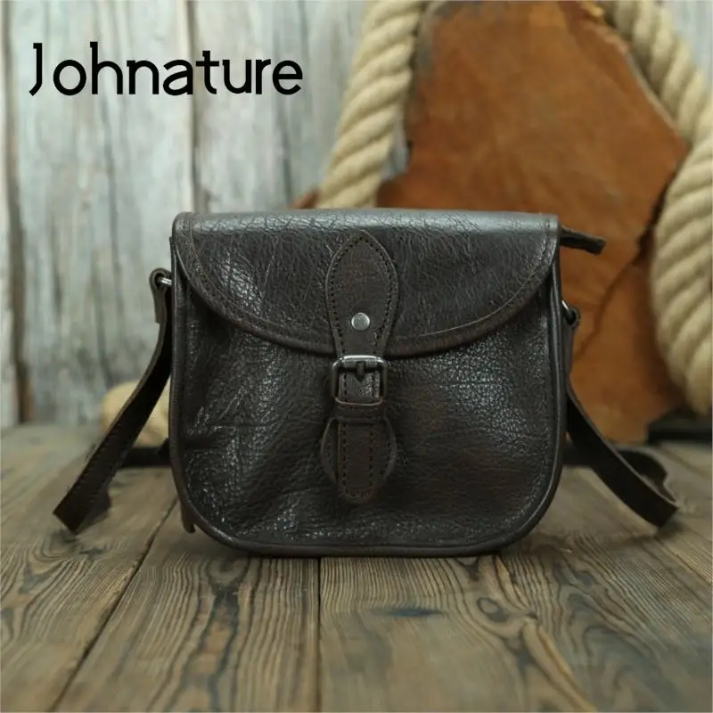 Johnature Vintage Natural Real Cow Leather Women Bag 2024 New Versatile Solid Color Soft Cowhide Small Square Shoulder Bags