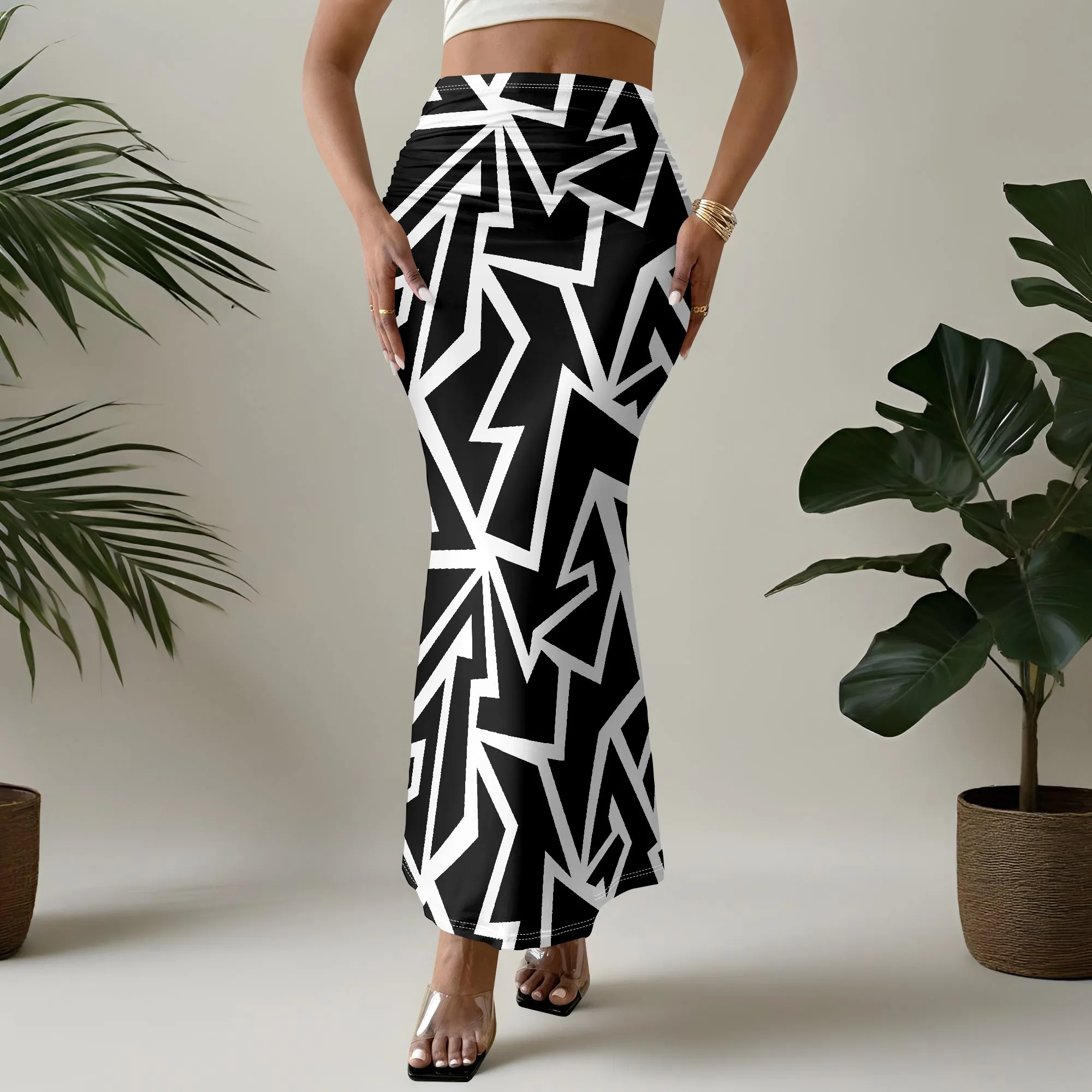 Geometric Print Mermaid Skirt, Abstract Pattern Maxi Skirt, High Waist Bodycon Skirt, Clubwear Party Outfit, S-2XL