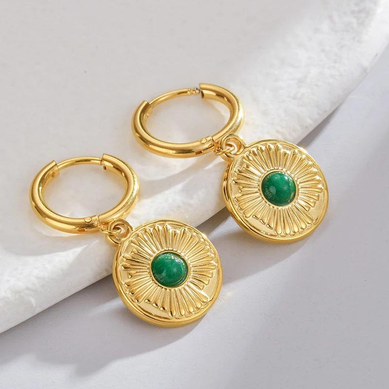 Spark New Stainless Steel Green Stone Hoop Earrings For Women Girl Jewelry Anniversary Party Wedding Gifts