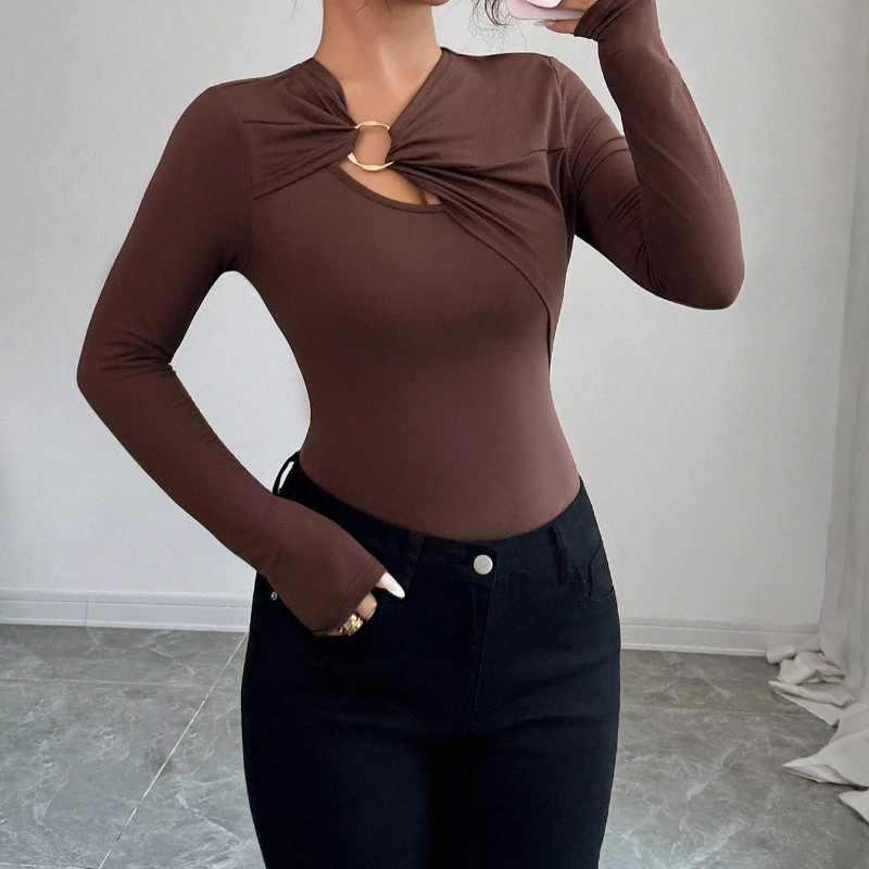 

2025 Autumn and Winter New Asymmetrical Hollow Metal Decorative Slim-fit Women's Autumn Top