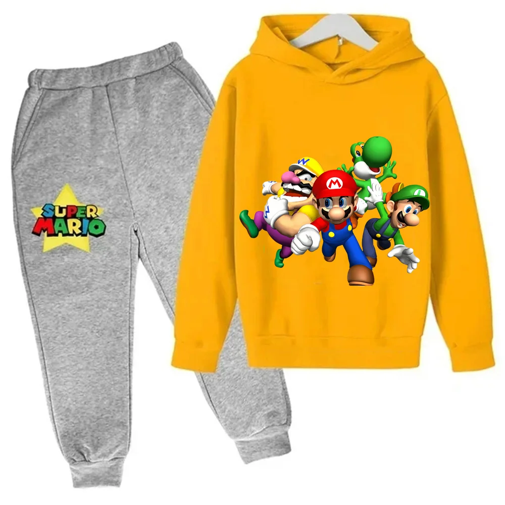 Felpa con cappuccio per bambini nuova Felpa con stampa grafica Super Mario 3-14 anni Felpe sportive comode per bambini + Pantaloni sportivi comodi e alla moda