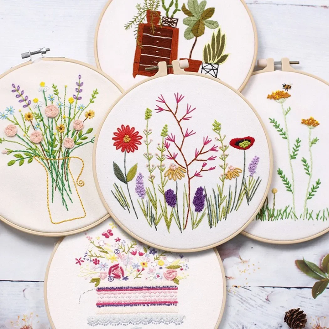 DIY Embroidery Cross Stitch Needlework Tools For Beginners Home Sewing HandCraft Embroidery Set Flowers Plants Pattern DIY Craft