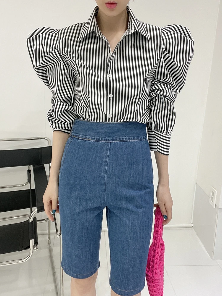 

Autumn Women's New French Court Striped Simple Office Long-sleeved Shirt Chic Fashionable Temperament Puff Sleeve Blouse Top