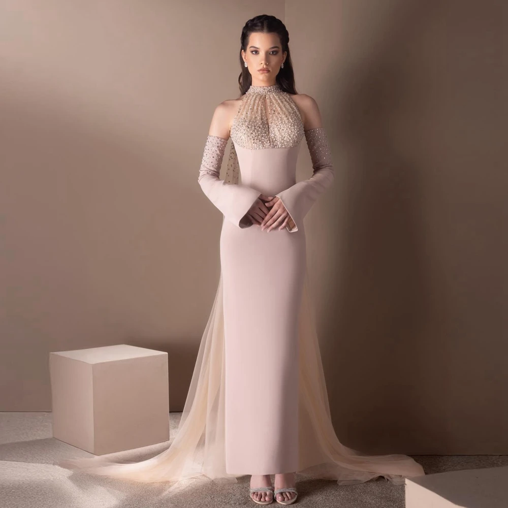 Elegant Nude Pink High‑Neck Satin Evening Gown with Pearl Luxury Beaded Flare Sleeves Wedding Party Dress Trendy  Prom Dress