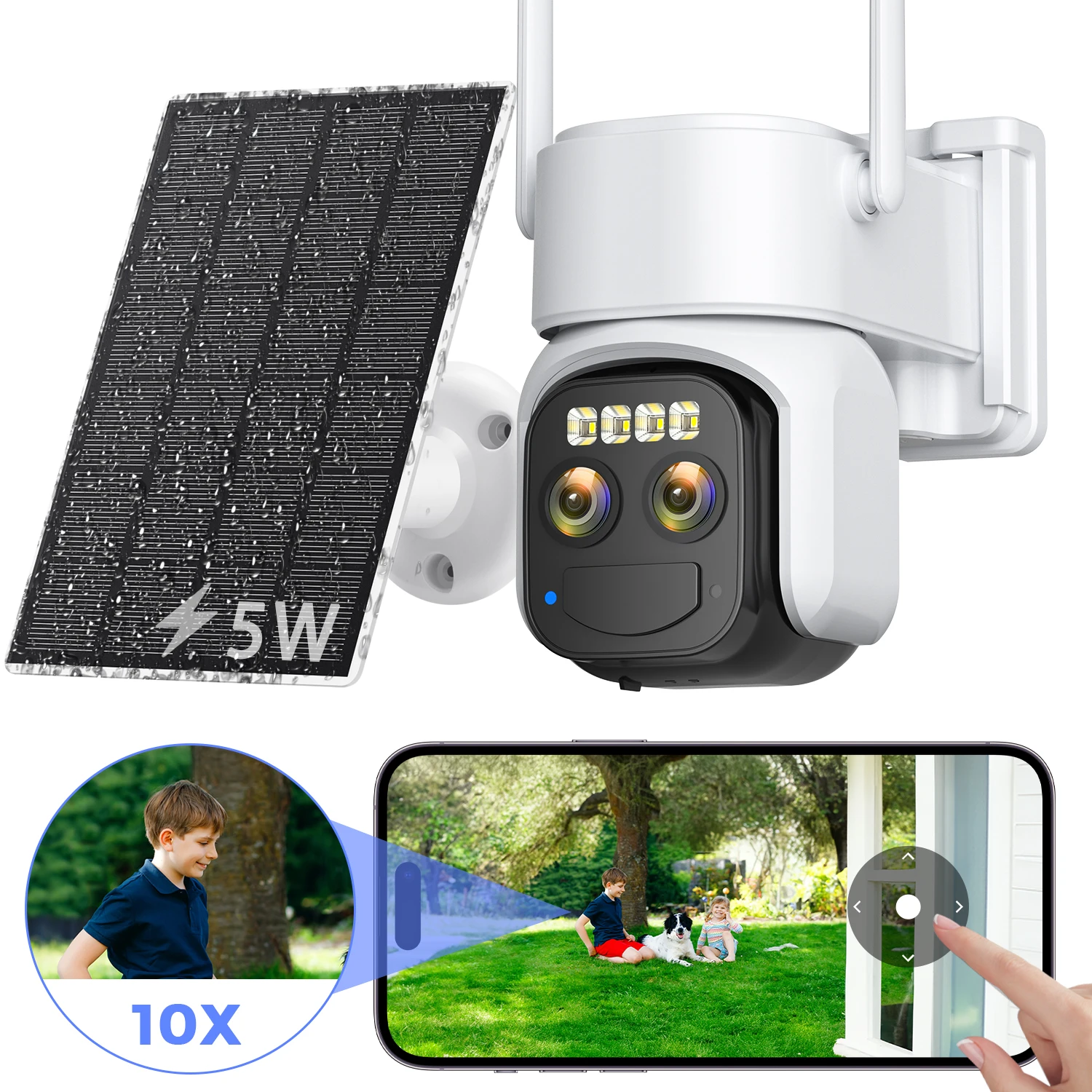 

5-мегапиксельная солнечная водонепроницаемая камера с обнаружением человека, 10-кратный цифровой зум, двойной объектив, уличная PTZ-камера безопасности, защита конфиденциальности