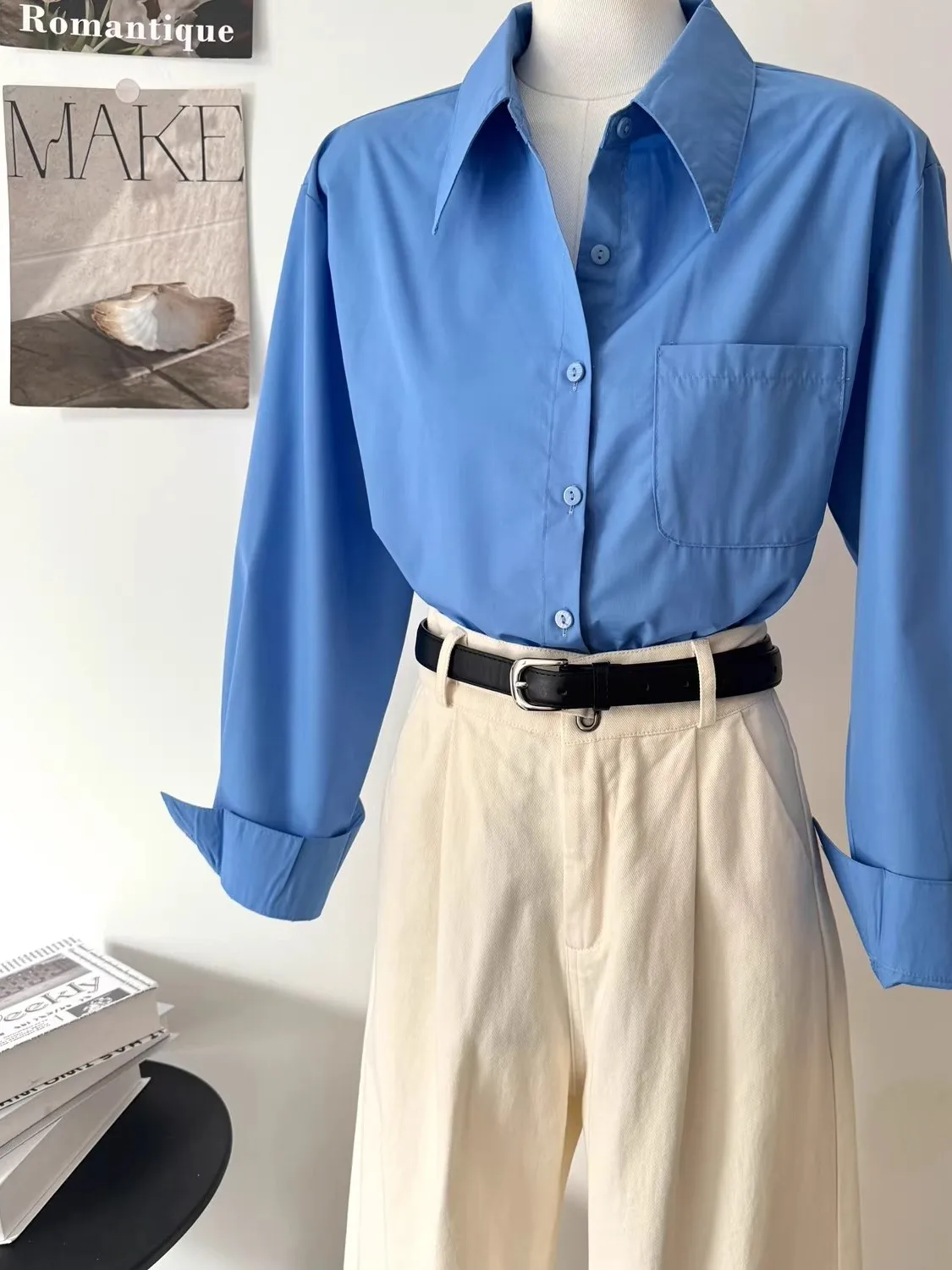 

Loose Korean Style Long Sleeve Blue Shirt Women's Commute Base Layer Shirt Airy Professional Flared Cuff Polyester Fabric