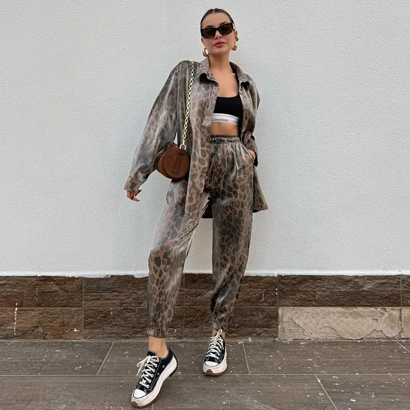 Leopard Shirt Top Two Piece Suit Cuffed Pants Set Women Wide Leg Pant Sets Female Spring Summer High Waist Elegant Trousers Suit