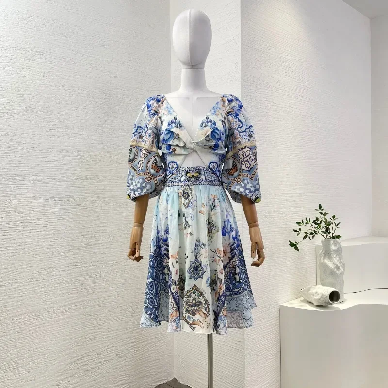 Women's Blue High Mini Dresses Quality Vintage Floral Butterfly Print Half Sleeve Backless Deep V Neck Sweety 2025 for Party