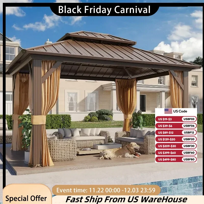 

10' x 10' Gazebo, Hardtop Gazebo with Aluminum Frame, Double Galvanized Steel Roof, Curtains and Netting Included, Metal Gazebos