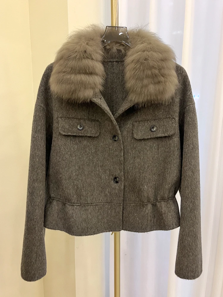 

2025 Autumn Winter Women Natural Fox Fur Collar Jacket Cashmere Wool Woolen Coat Real Fur Outerwear Female Coat