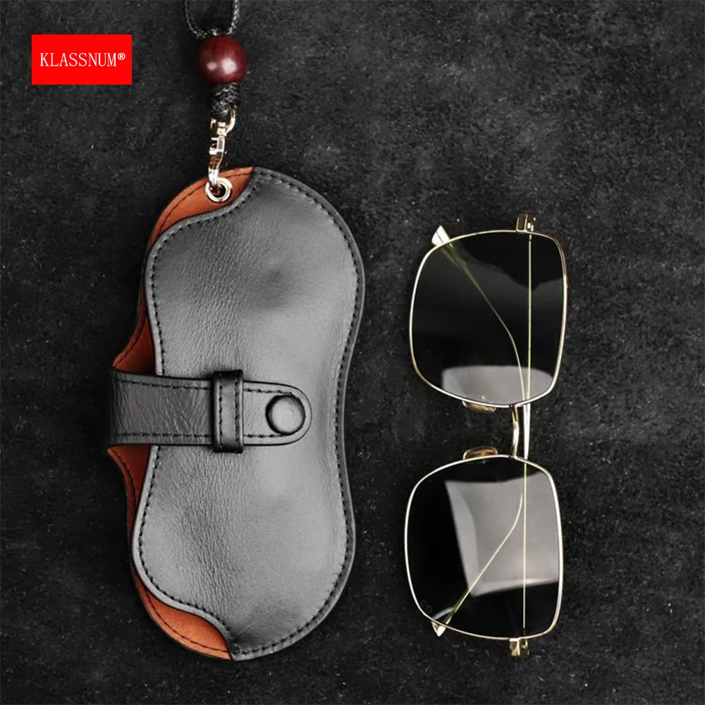 KLASSNUM Portable Vintage Glasses Case Men PU Leather Glasses Bag With Keychain Hook Women Sunglasses Pouch Protective Cover New