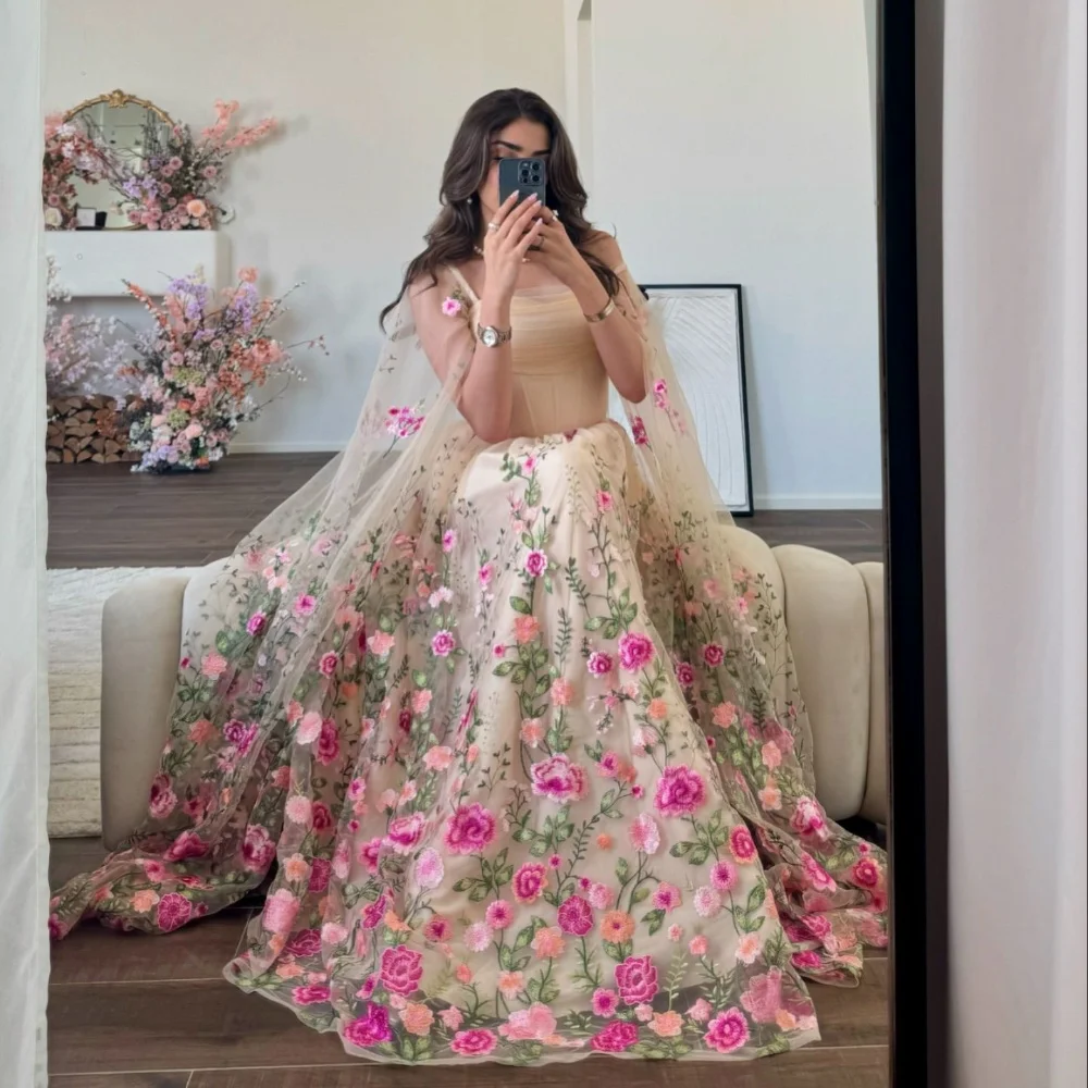 Customized Intricate Classic Tulle Applique Flower A-line Off-the-shoulder Long Dresses Bespoke Occasion Dresses Matching Classi