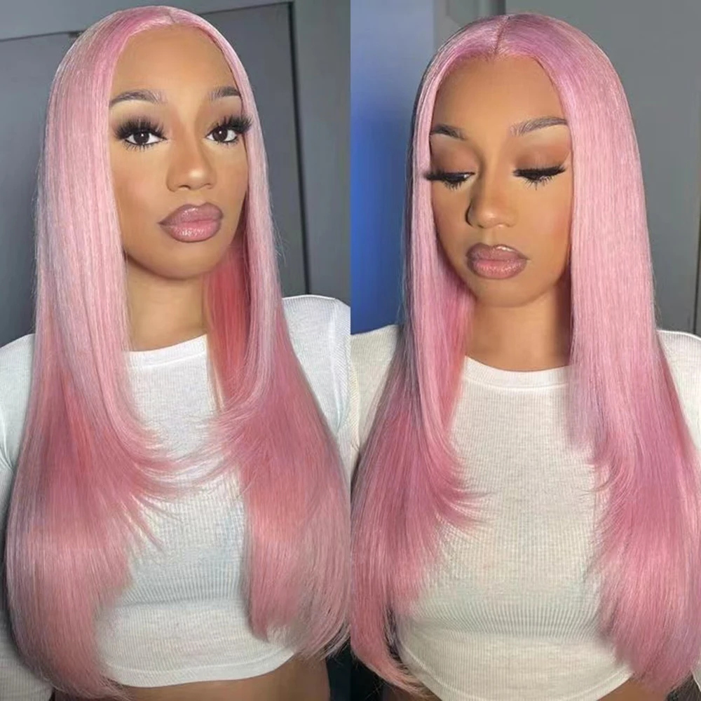 RONGDUOYI Pink Hair Layered Haircut Straight Lace Front Wigs Natural Hair Long Straight Cosplay Heat Fiber Synthetic Wig Purple