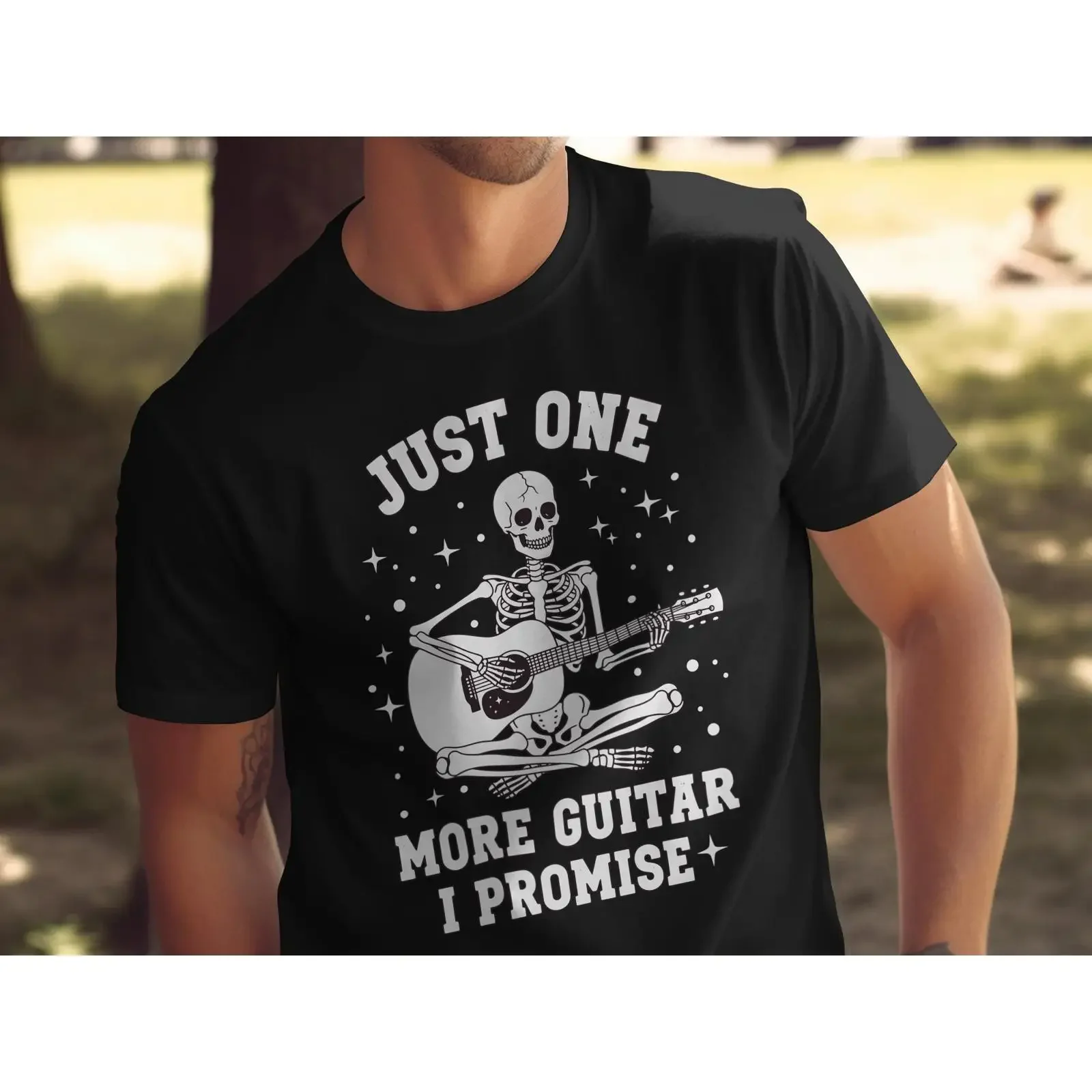 Just One More Guitar I Promise Funny Skeleton Playing T Shirt Vintage Rock Band Musician for Guitarists Bassists vintage